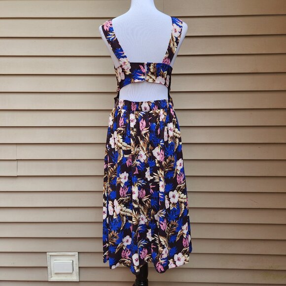 Everly Dark Purple Midi Dress Multicolor Floral Print Open-Back Lace-Up Neck - Picture 8 of 13